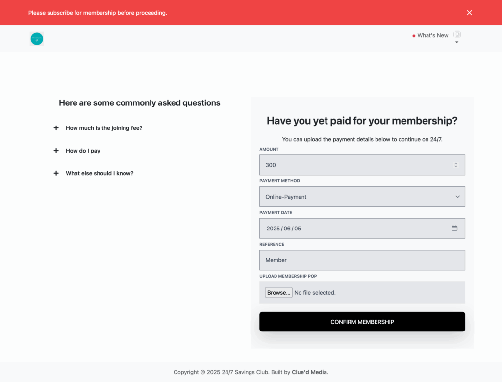 Upload Membership Proof of Payment 24Seven Savings Club